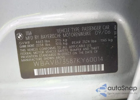2007 BMW 335I from USA, damaged, VIN WBAVB73587KY60014